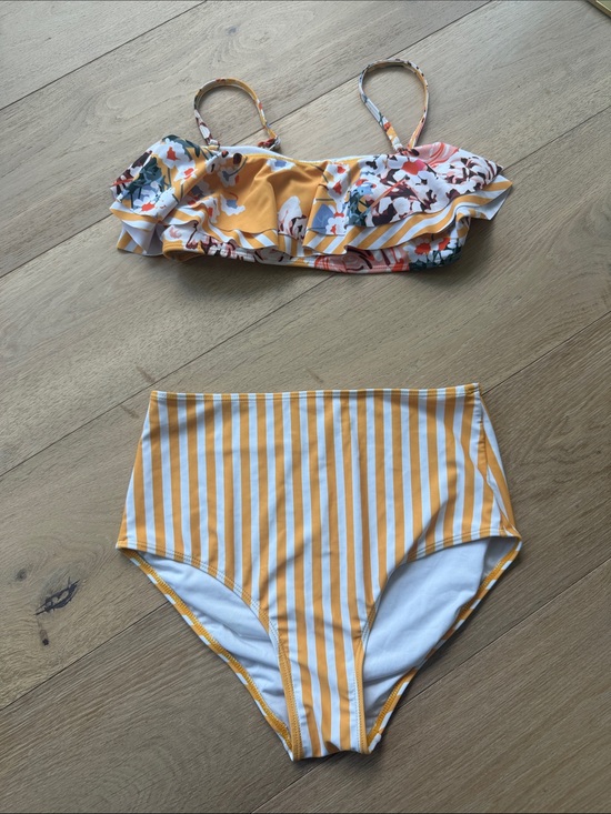 Other - Yellow Striped High-Waist Bikini Set with Floral Ruffle Top